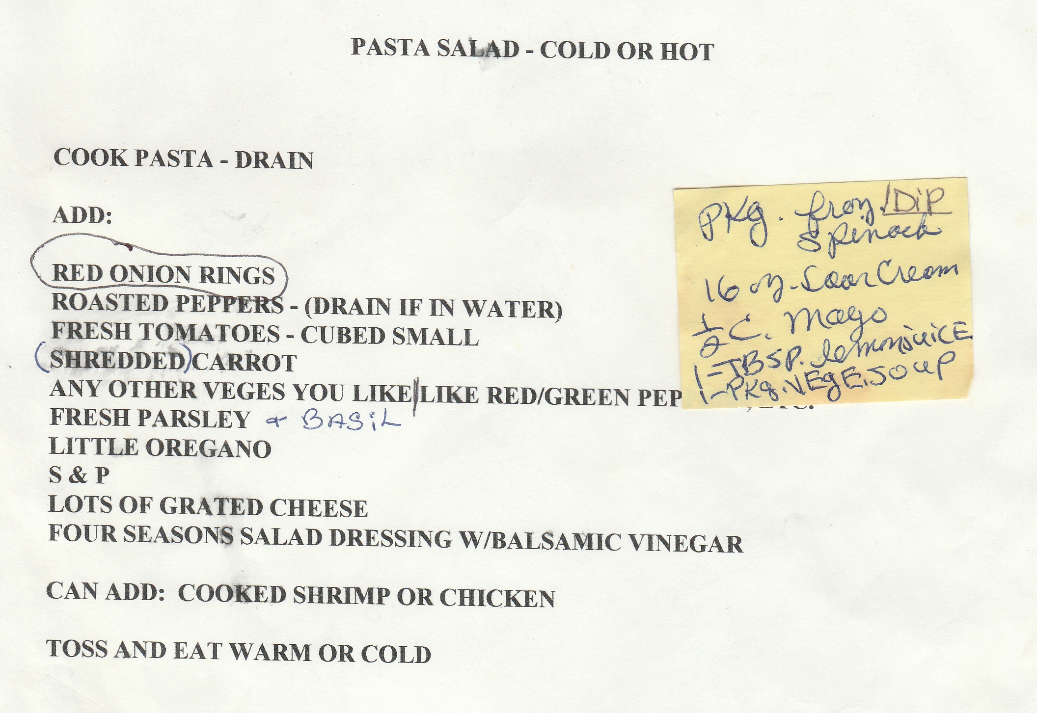 Pasta Salad recipe the text is contained in this blog post