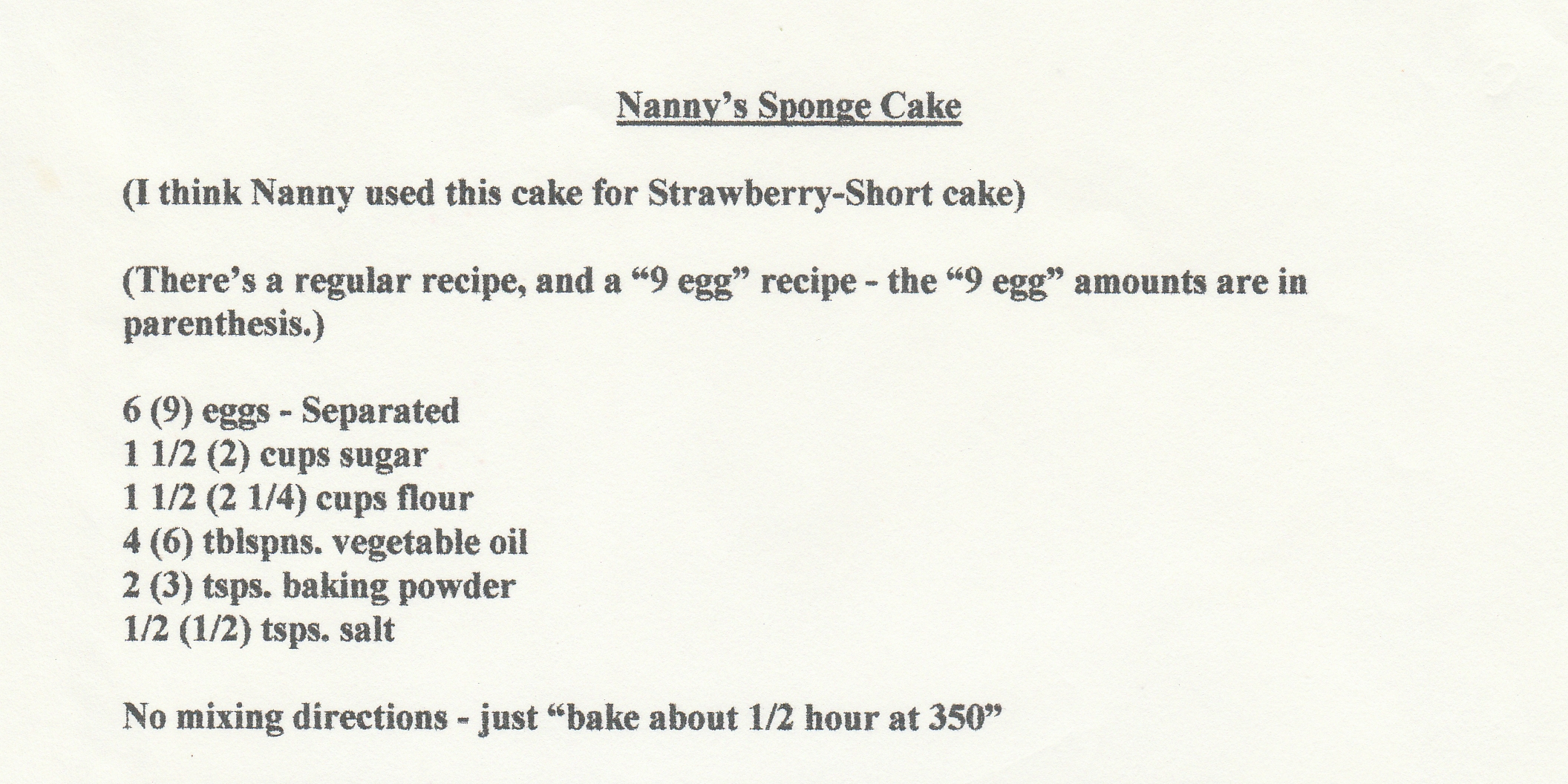 Nanny's Sponge Cake recipe.  The text is contained in this blog post.