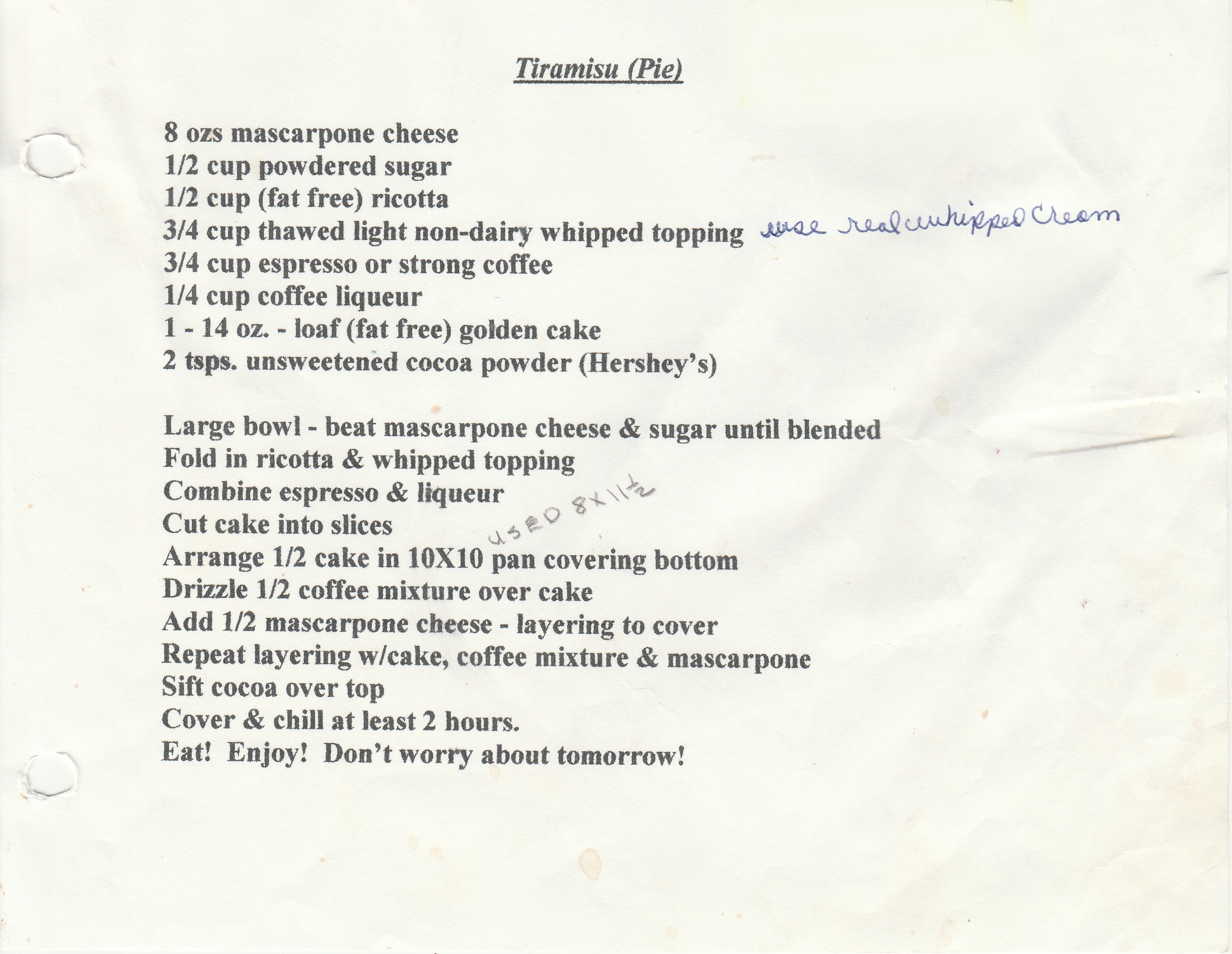 Tiramisu (Pie) recipe.  The text is contained in this blog post.