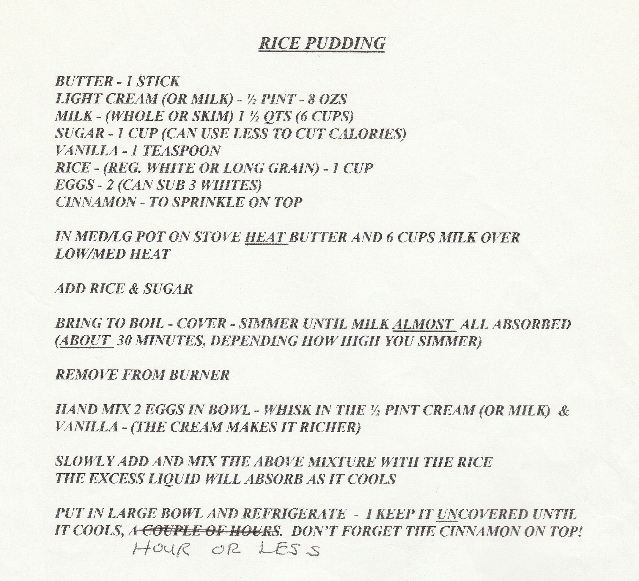 Rice pudding recipe.  The text is contained in this blog post.