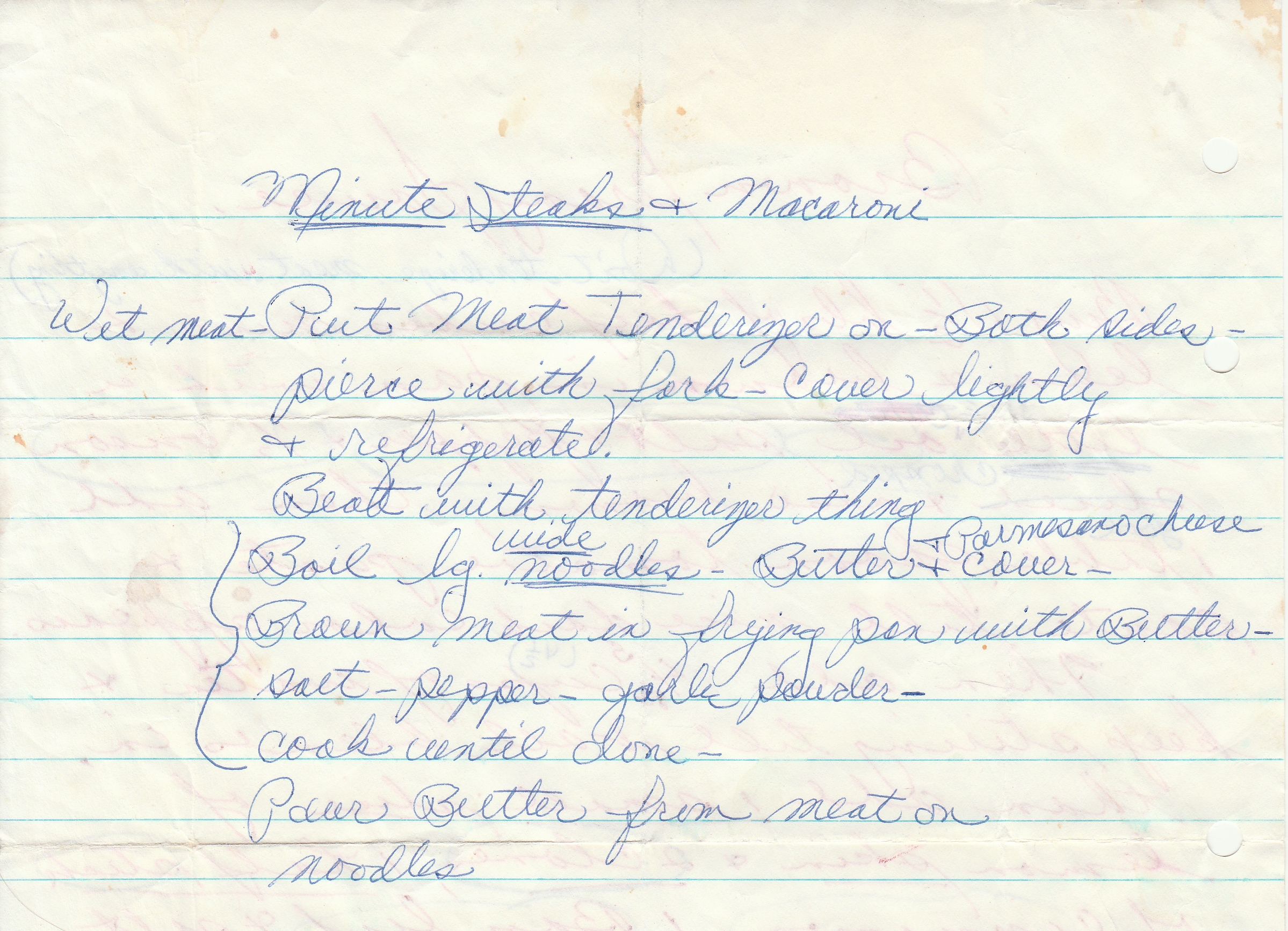 Minute Steaks and Macaroni recipe.  The text is contained in this blog post