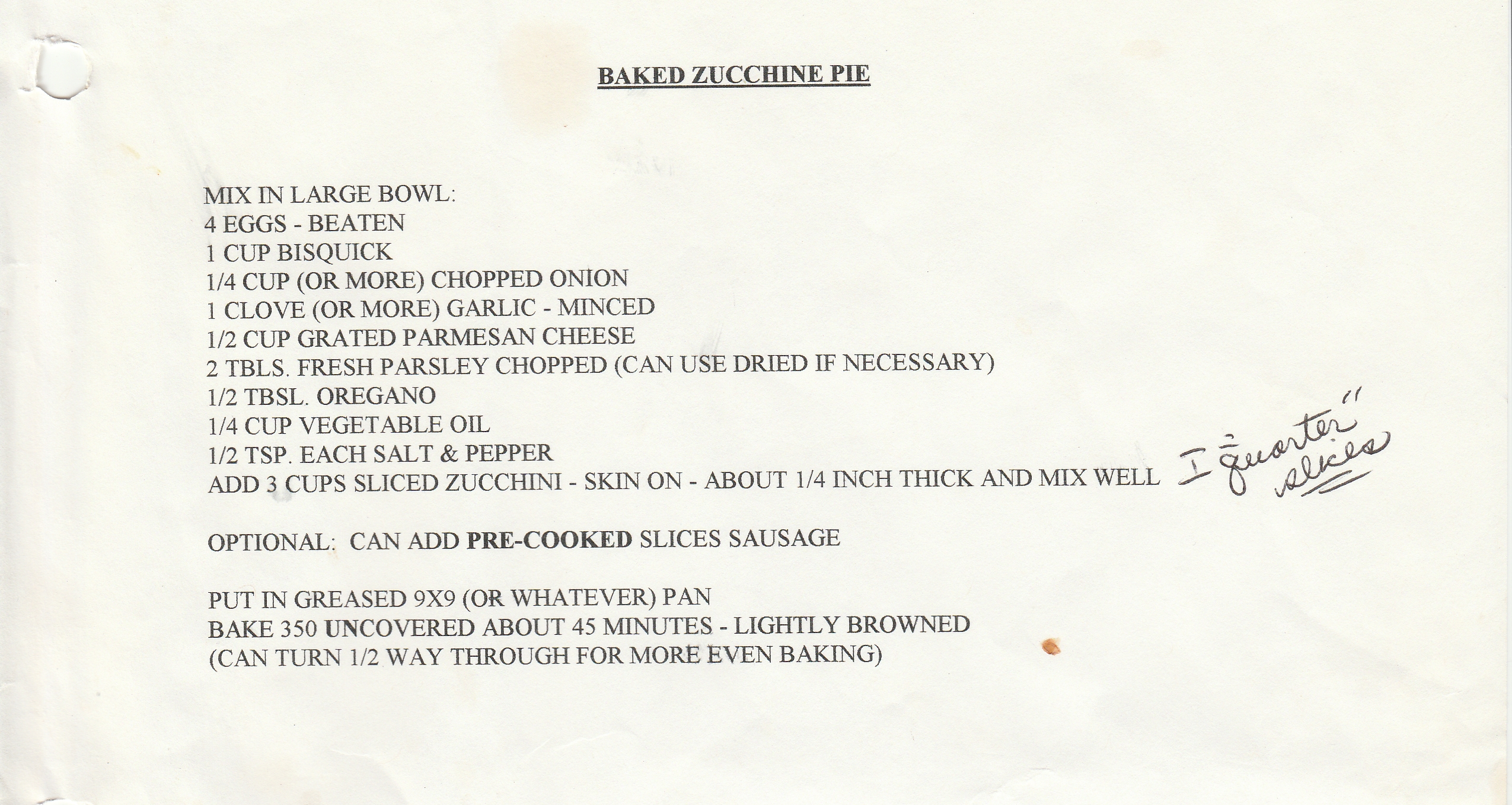 Baked Zucchini Pie recipe.  The text is contained in this blog post.