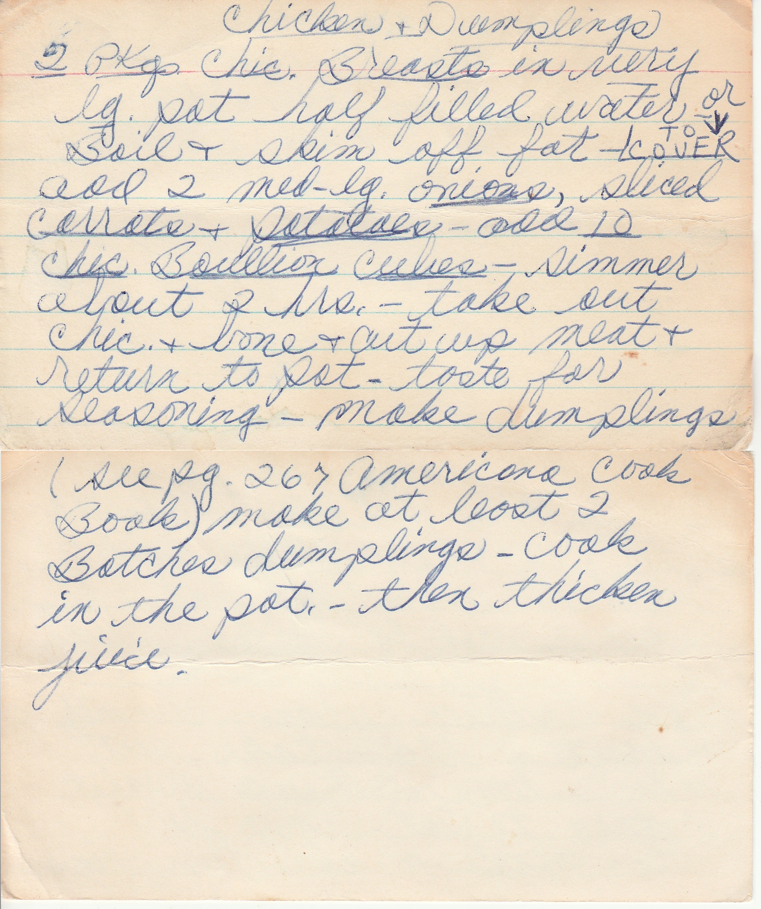 Hand written Chicken and Dumplings recipe.  The text is contained in this blog post.