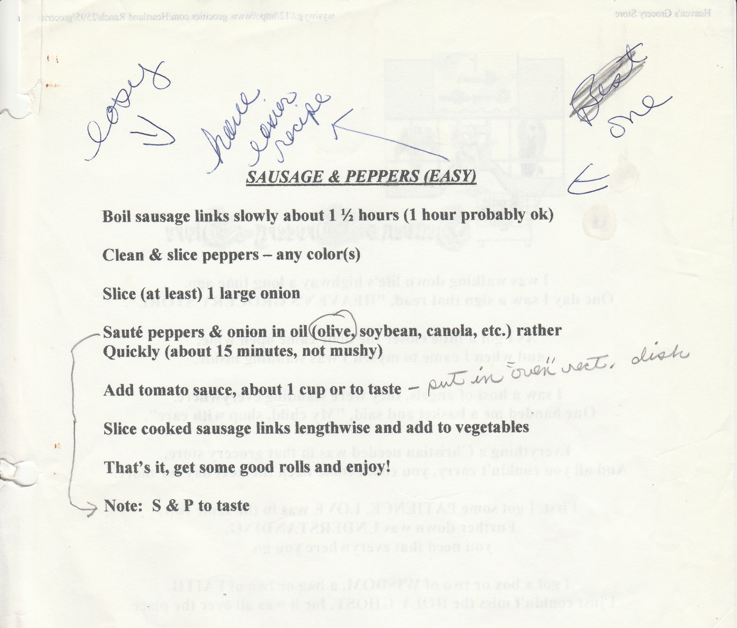 Sausage and Peppers (Easy) recipe.  The text is included in this blog post.