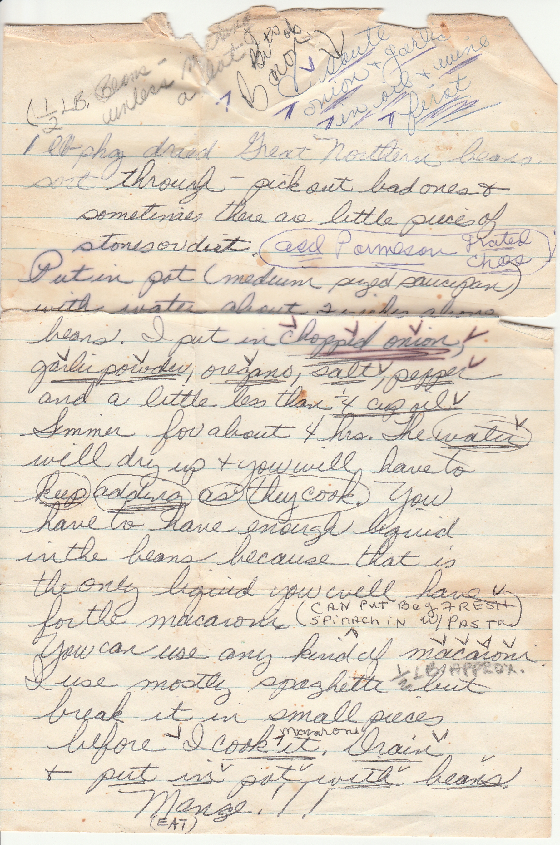 Possible a pasta fagioli recipe.  The text is contained in this blog post.