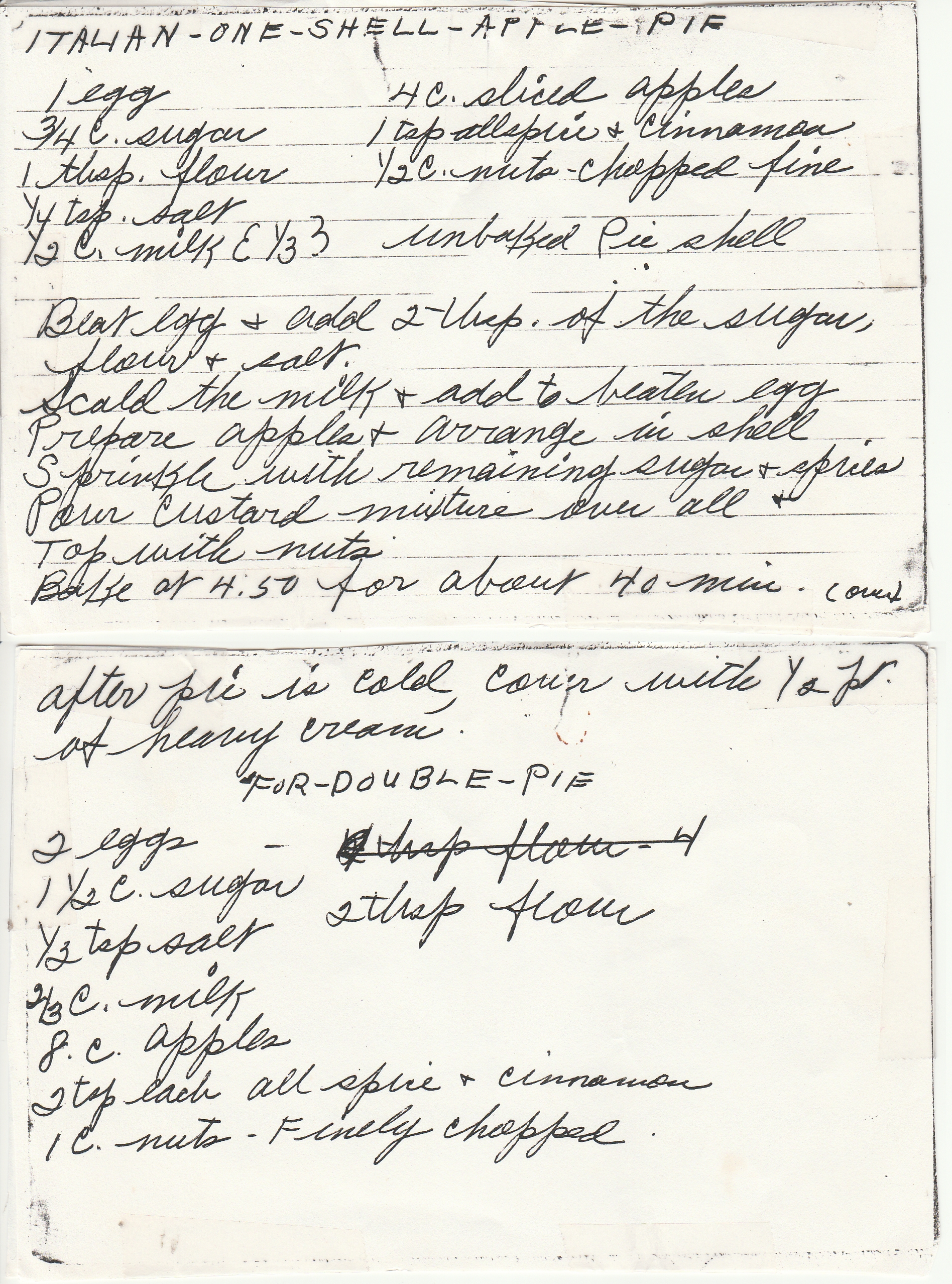 Handwritten Italian One Shell Apple Pie recipe.  The text is included in this blog post.